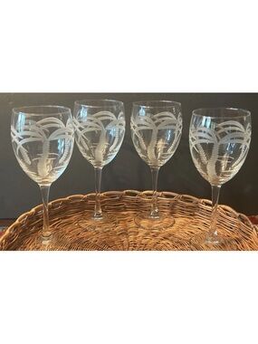4 Rolfs Etched Palm Tree Wine Glasses Goblets Clear Footed Excellent 7" MSRP 79